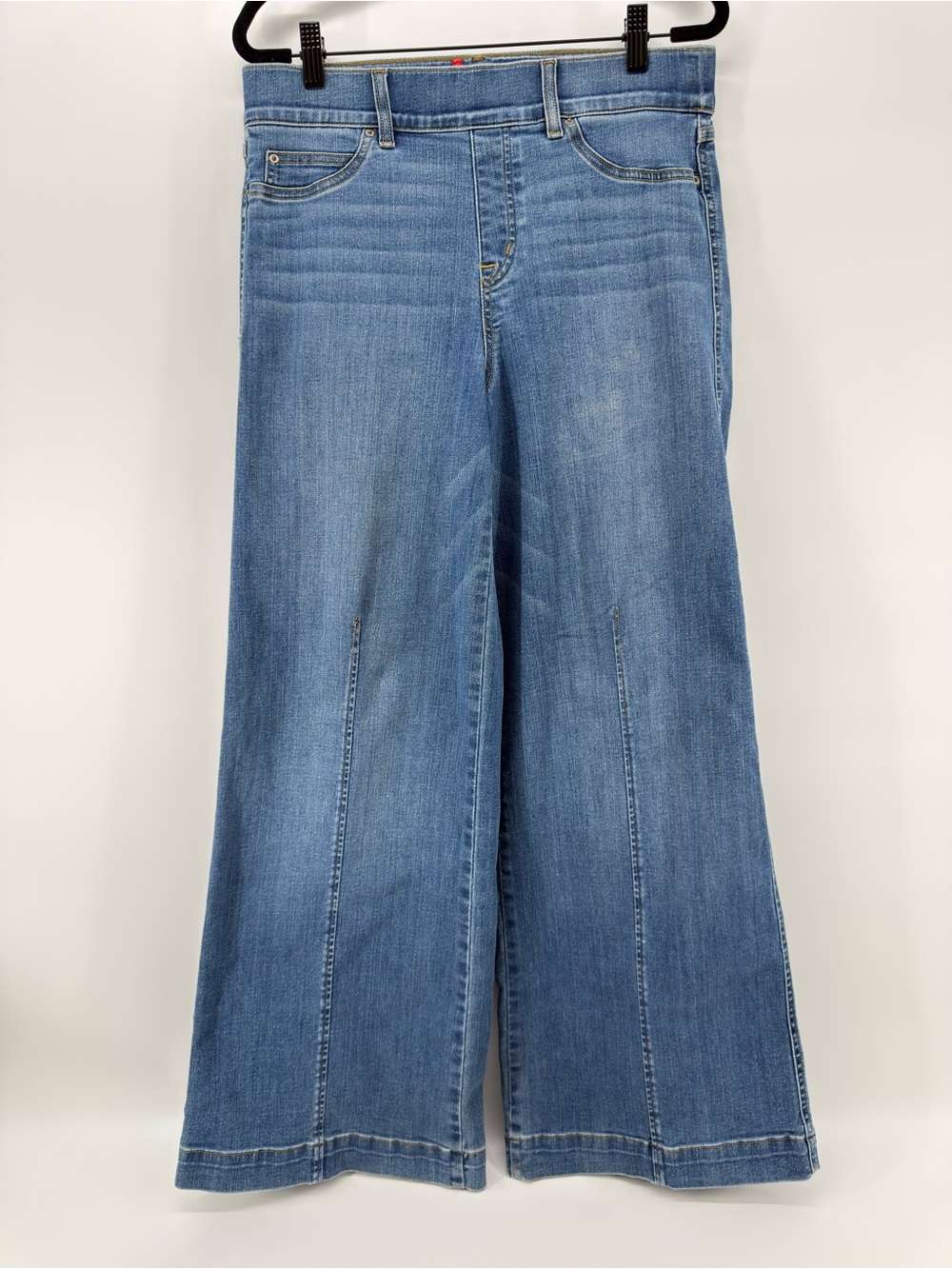 SPANX High Rise palazzo Jean Size L medium blue pull on wide leg